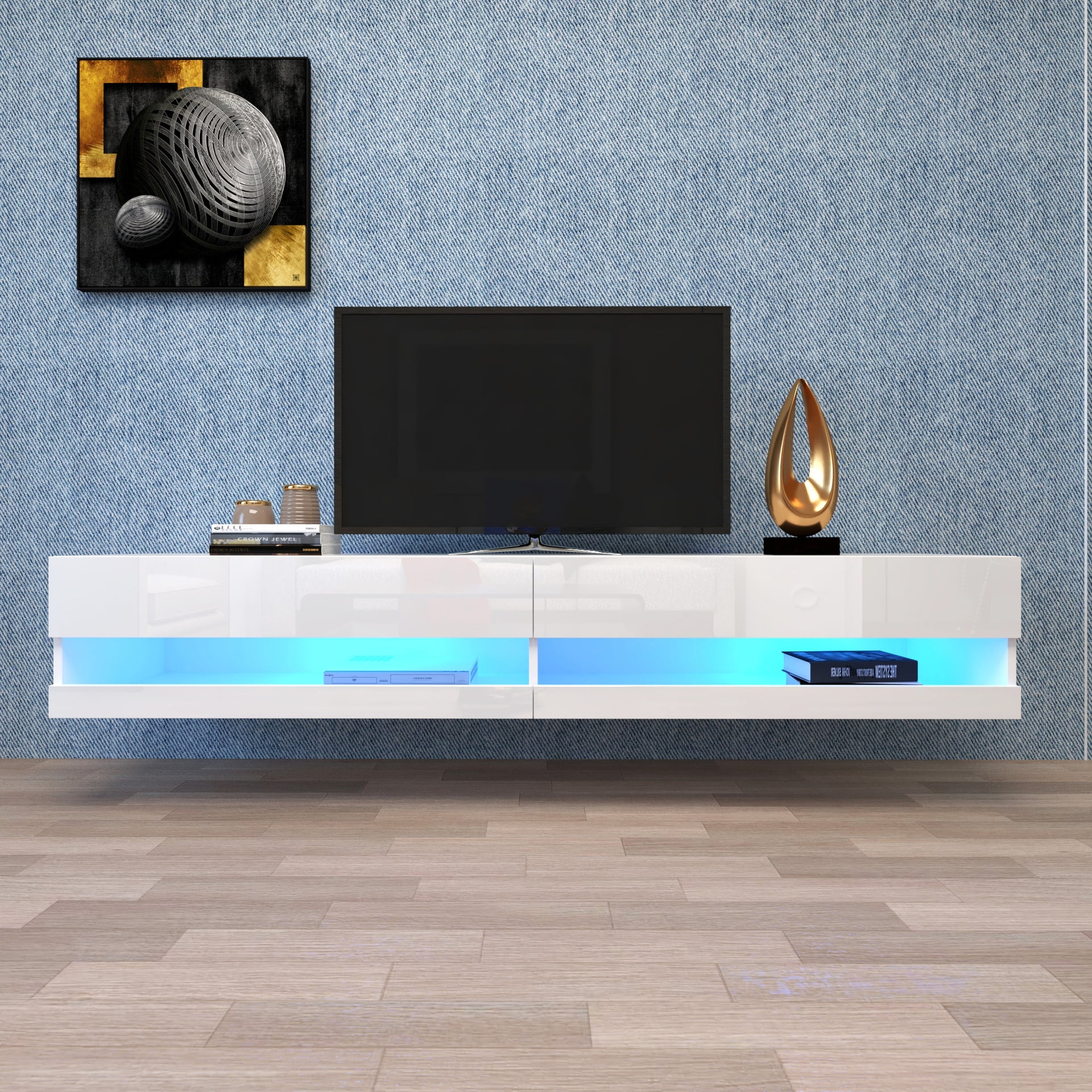 Modern TV Unit 200cm Cabinet White Matt and White High Gloss FREE LED RGB Lights 