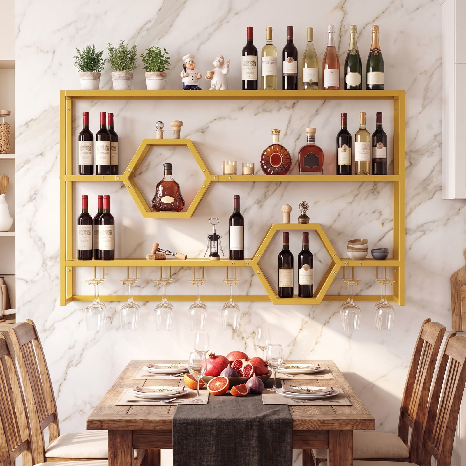 RUIE 47 Inch Wall Mounted Wine Rack, Large Floating Bar Shelf with Stemware Holder, Metal Hanging Wine Bottle Storage Organizer for Kitchen Dining Room Bar, Gold