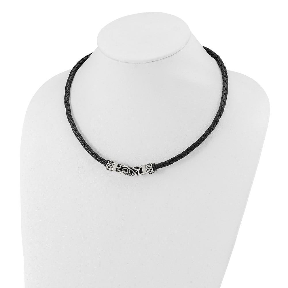 Stainless Steel Cord & Leather Necklace Chain Chisel Black with Antiqued Beads 19.75 inch 10 mm