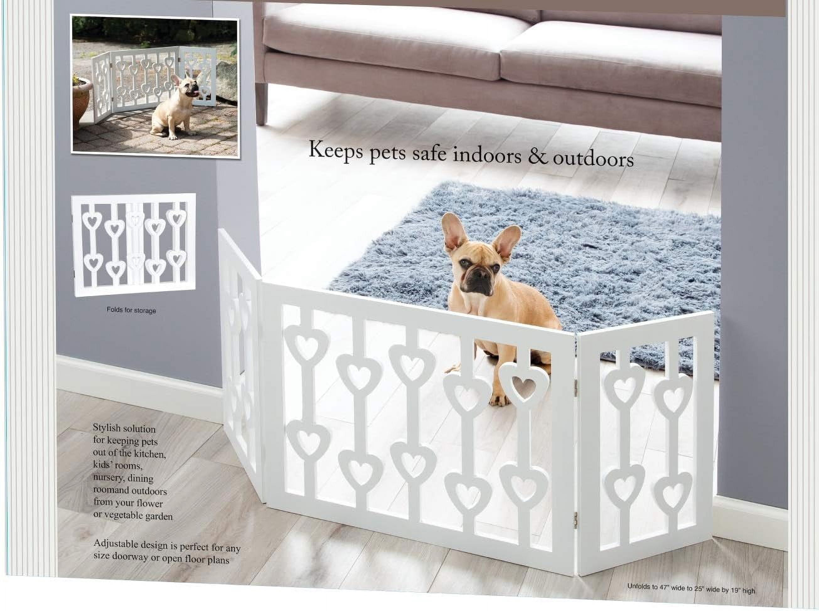 White Pet Gate - 3 Panel Wooden Hearts Design Dog Gate - Freestanding Tri Fold Durable Wood Dog Fence - Indoor/Outdoor Barrier for Stairs & Doorways