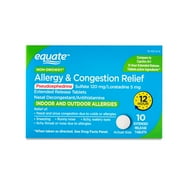 Equate 12 Hour Allergy and Congestion Relief Pseudoephedrine and Loratadine Extended Release Tablets, 120 mg/5 mg, 10 Count, Compare to Claritin-D® 12 Hour Extended Release Tablets Active Ingredients