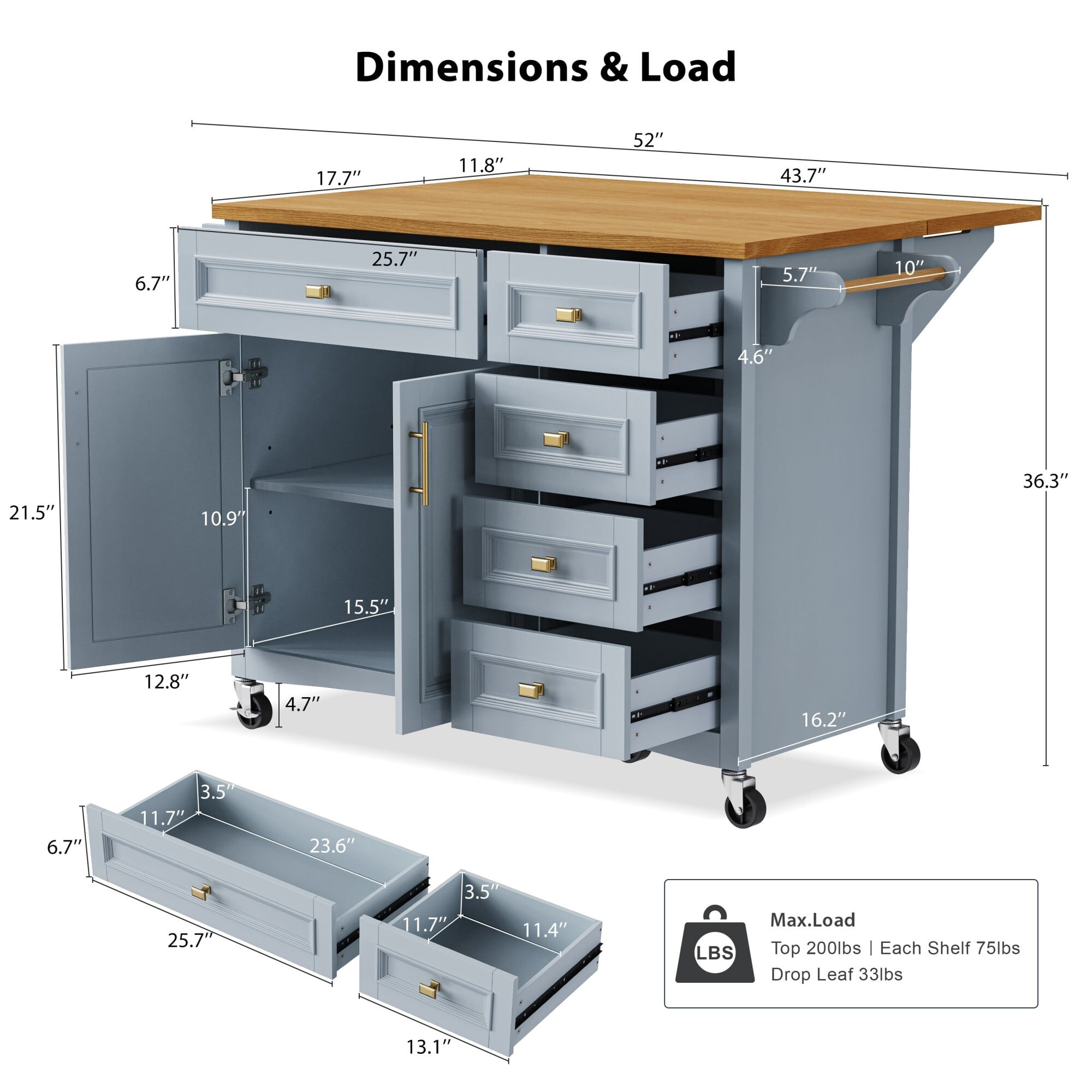 DEALTOPS 52" Mobile Kitchen Island with Drop Leaf, Rolling Storage Cabinet Cart with 5 Drawers, Blue Grey