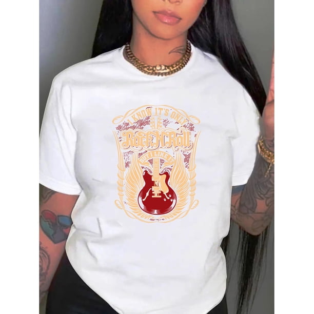 Camisetas De Manga Corta Para Mujer, Camisetas De Verano Para Deportes, Pesca, SenderismoWomen's Fashion Guitar Print T-Shirt - Casual Crew Neck, Short Sleeve, Stretchy Polyester Blend, Machine Wash