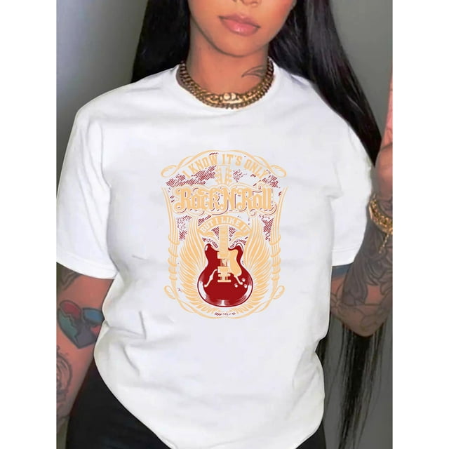 Camiseta con estampado de guitarra para mujer: cuello redondo informal, manga corta, algodón elástico, lavable a máquina. Ideal para verano y ropa informal. Estilo informal. Ideal para todos los gusto