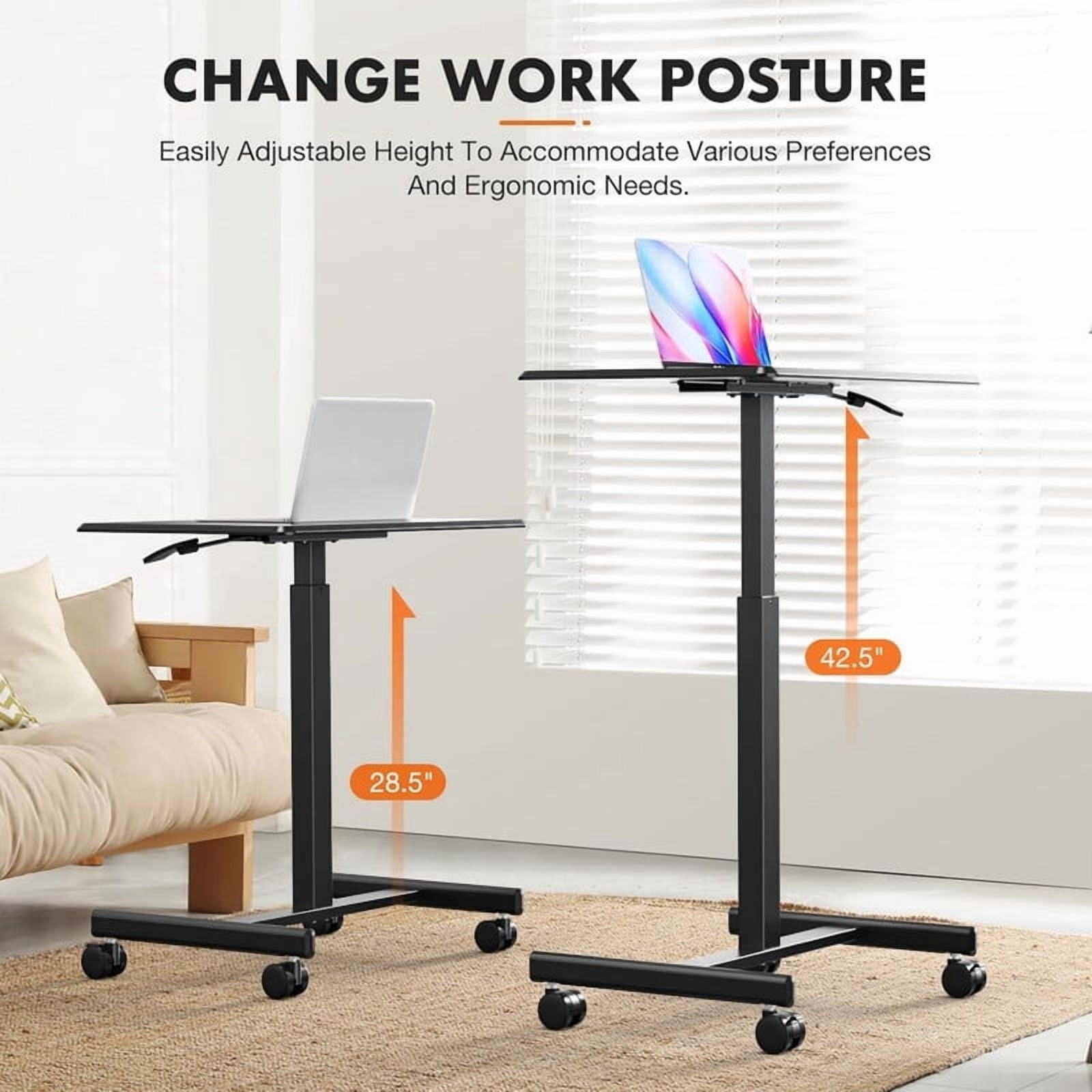 Kelno Mobile Standing Desk Adjustable Height Laptop Desk with Lockable Wheels, Black