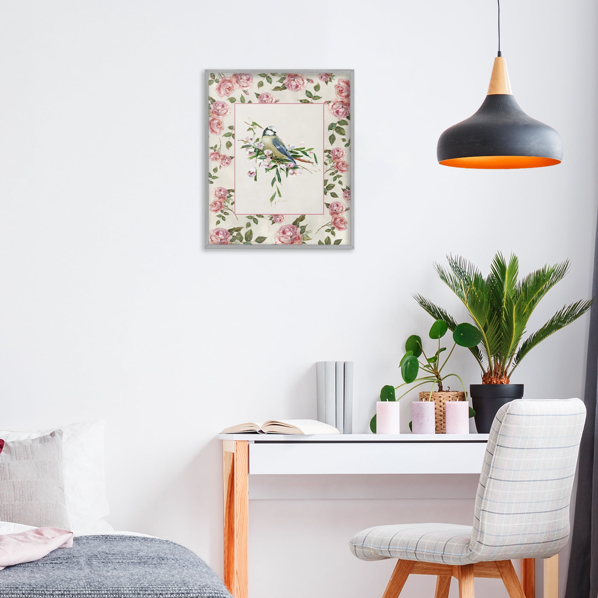 Stupell Industries Dainty Roses & Perched Bird Gray Framed Giclee Art, design by Sally Swatland