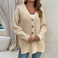 thumbnail image 2 of IROINNID Women's Cardigan Open Front Jacket Solid Color Long Sleeve Loose Loose Dark Color Hollow Out Cardigan Button Slit Sweater, Khaki, 2 of 7