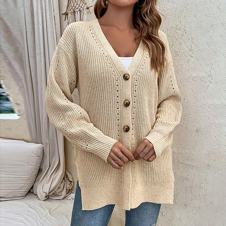 Women's Knit Cardigan Sweater Wool Long Sleeve Loose Button Solid Color  Top, Khaki9, Small : : Clothing, Shoes & Accessories