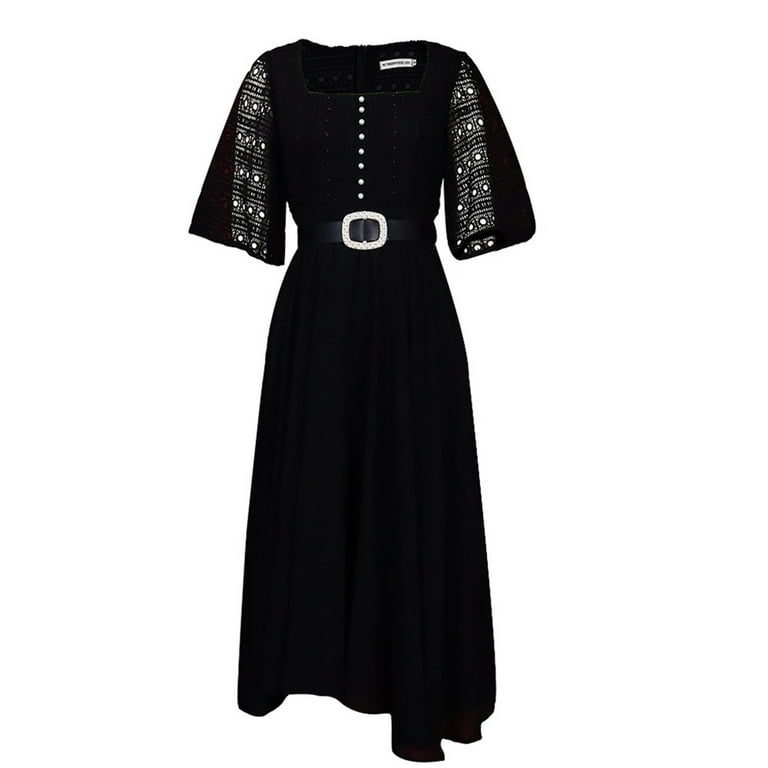 Holiday Wedding Attendee Dresses Black Solid Patch Beading With Belt Square Collar Holiday Cocktail Dresses(Black/XL)