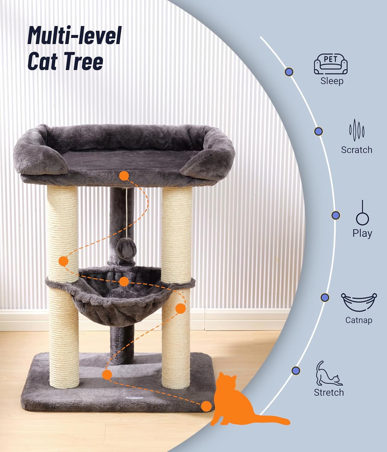 28" Cat Tree, Cat Tree Tower with 23.6x15.7 Inch Spacious Bed & Cozy Hammock, Small Cat Tree with Perch For Adult Cats, Sturdy Scratching Post & Toys, Compact Cat Tower-Gray