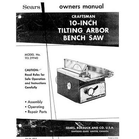 Instruction Manual ONLY for Craftsman 113.29940 10" Tilting Arbor Bench Saw Instructions REPRINT
