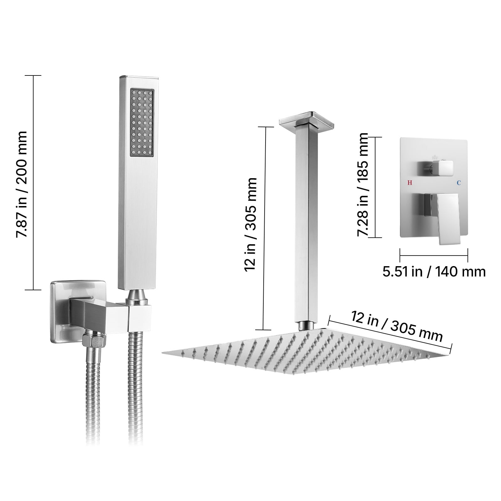 KFFKFF Shower Faucet Set with 12-Inch Rain Shower Head and Handheld Spray, Ceiling-Mounted Bathroom System with Brass Valve and Trim Kit, Brushed Nickel Finish