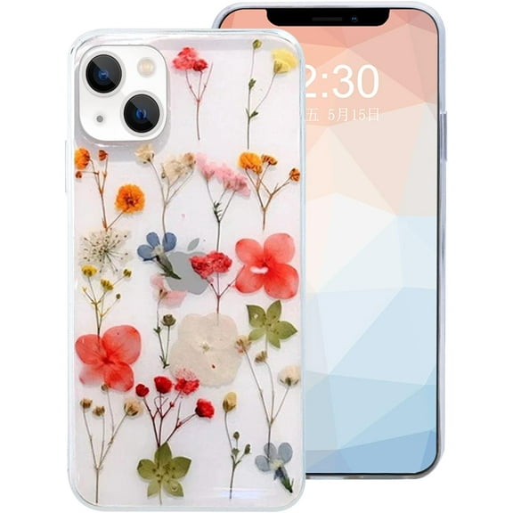 Compatible with iPhone 14 Plus Flower Girly Case, Girls Floral Design Pressed Dry Real Flowers Slim Cover Case Silicone TPU Rubber Romantic Cute Protective Clear Case for Women Girl Kids Red