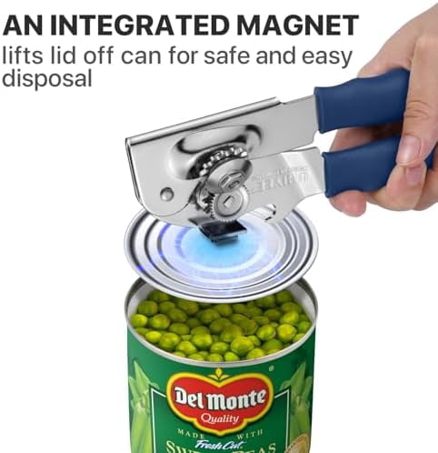 Can Opener Manual Heavy Duty,  Hand Held Can Openers for Seniors with Comfort Grip Sharp Blade, Solid Steel Hand Manual Can Open with Magnet for Kitchen Camping, Blue