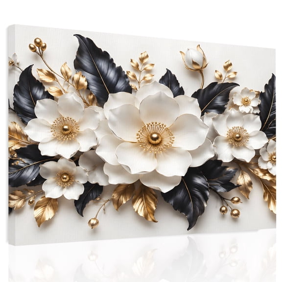 White Floral Canvas Print Wall Art Modern Elegant Botanical Flowers Black Gold Leaf Wall Decor Modern Artwork Paintings Pictures for Living Room Stretched and Framed Ready to Hang - 12" x 16"