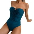 thumbnail image 3 of Women's Strapless Tummy Control One Piece Swimsuits Ruched Bandeau Bathing Suits Slimming Tube Swimwear Women's Solid Color Pleated Bandeau Swimsuit with Front Tie Two Wear Halterneck Swimsuit, 3 of 9