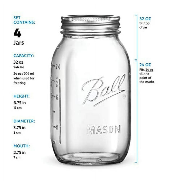 Ball Regular Mouth Mason Jars 32 oz 4 Pack With mason jar lids and Bands,  Ball mason jars 32 oz - For Canning, Fermenting, Pickling, Jar Decor -  Microwave/Freeze/Dishwasher Safe + SEWANTA