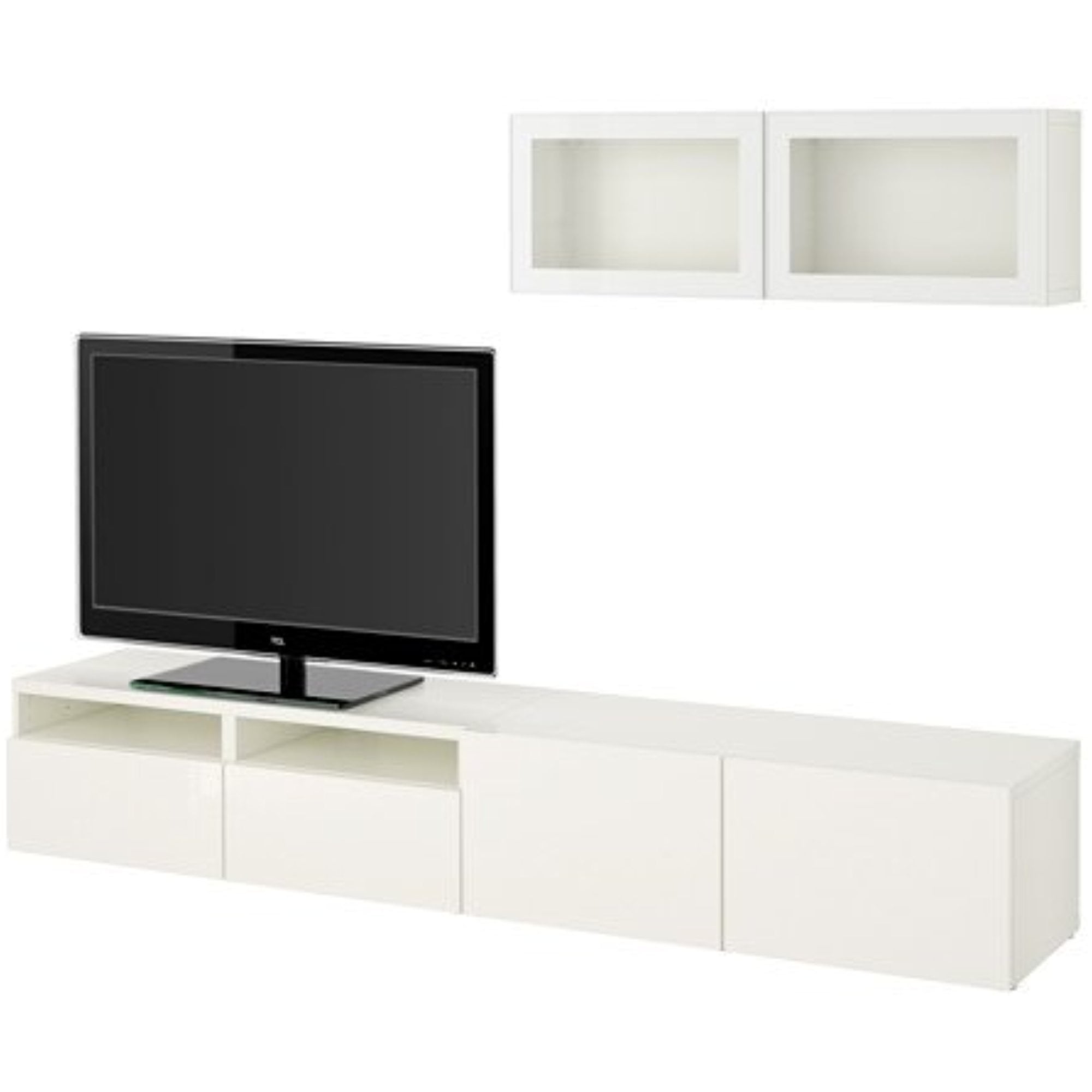 Ikea TV storage combination with drawers and glass doors, white, Selsviken highgloss