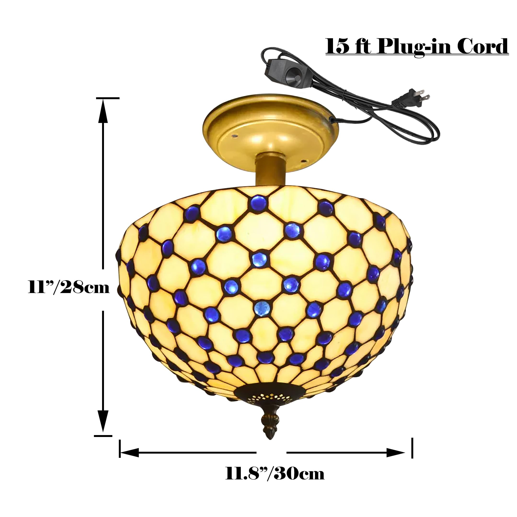 Kiven 11.8in Flush Mount Ceiling Light Fixture Dimmable, 2-Light Anti Glare Close to Ceiling Light with 15FT Plug-in Cord, Tiffany-Style Glass Chandelier for Bedroom Kitchen Hallway(No.3187)