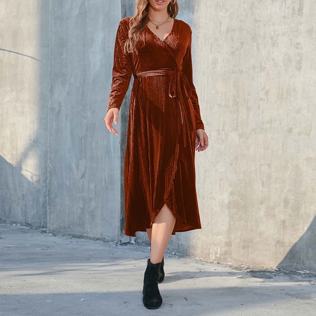 Gspmoly Robes Décontractées pour Femmes, Robe à Manches Longues pour Femmes à Col en V, Style Élégant, Ajustée, Taille Haute, avec Gants, Robe, Robes de Travail pour Femmes, Articles en Liquidation