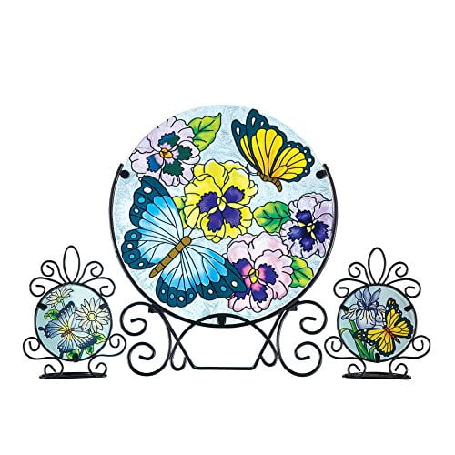 Butterfly Floral Glass Plates on Metal Display Stand Table Decor 3Pc Set 