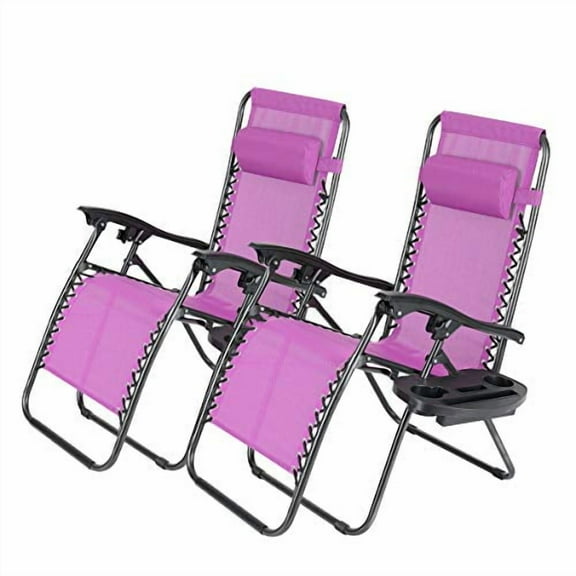 Pink, Set of 2 Zero Gravity Lounge Chair Recliners Steel Mesh Fabric Outdoor Folding Chair w/Footrest, Adjustable, Pillow and Tray