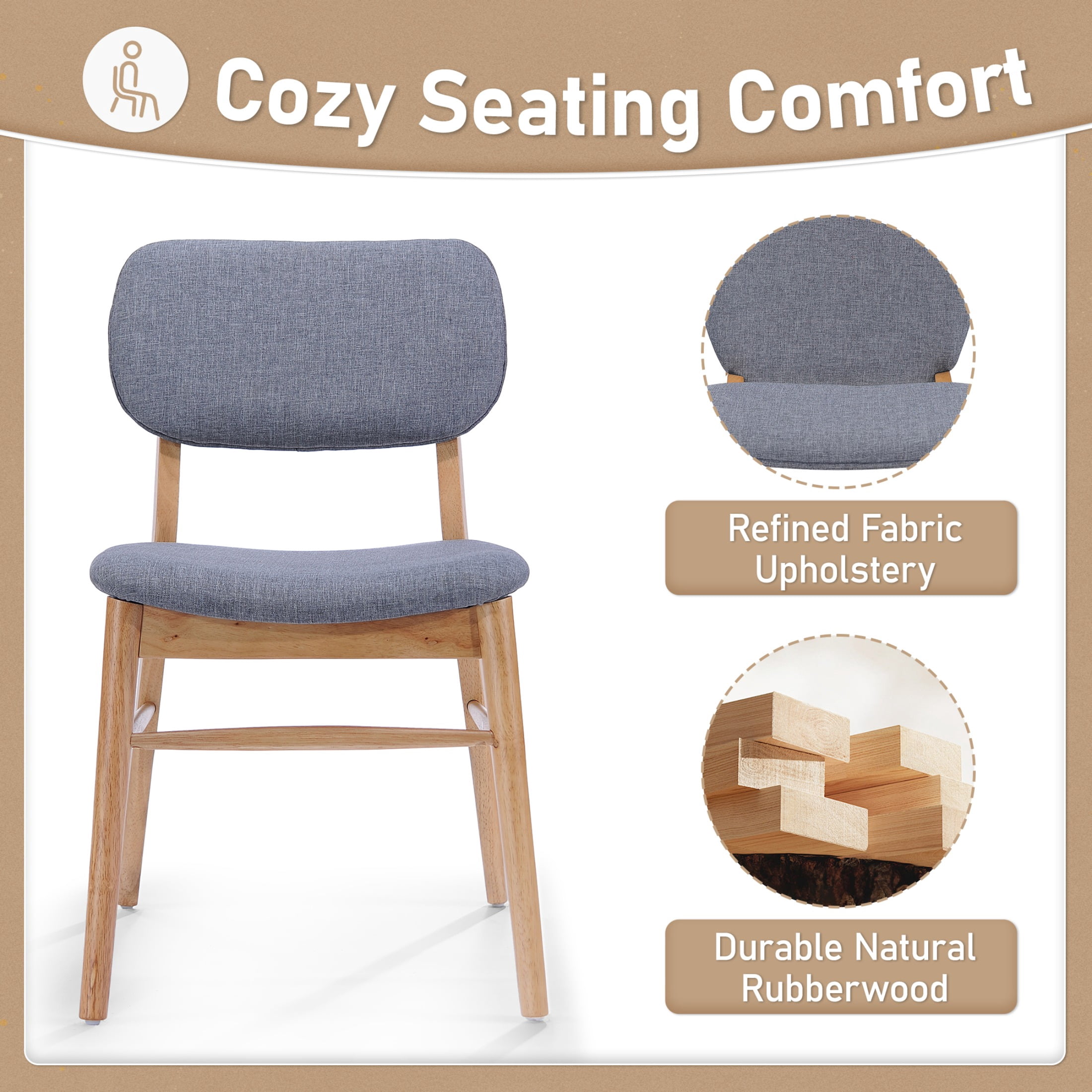 Dining Chairs Set of 2, Rubberwood Chairs with Upholstered Seat for Living Room, Dining Room, Natural + Gray