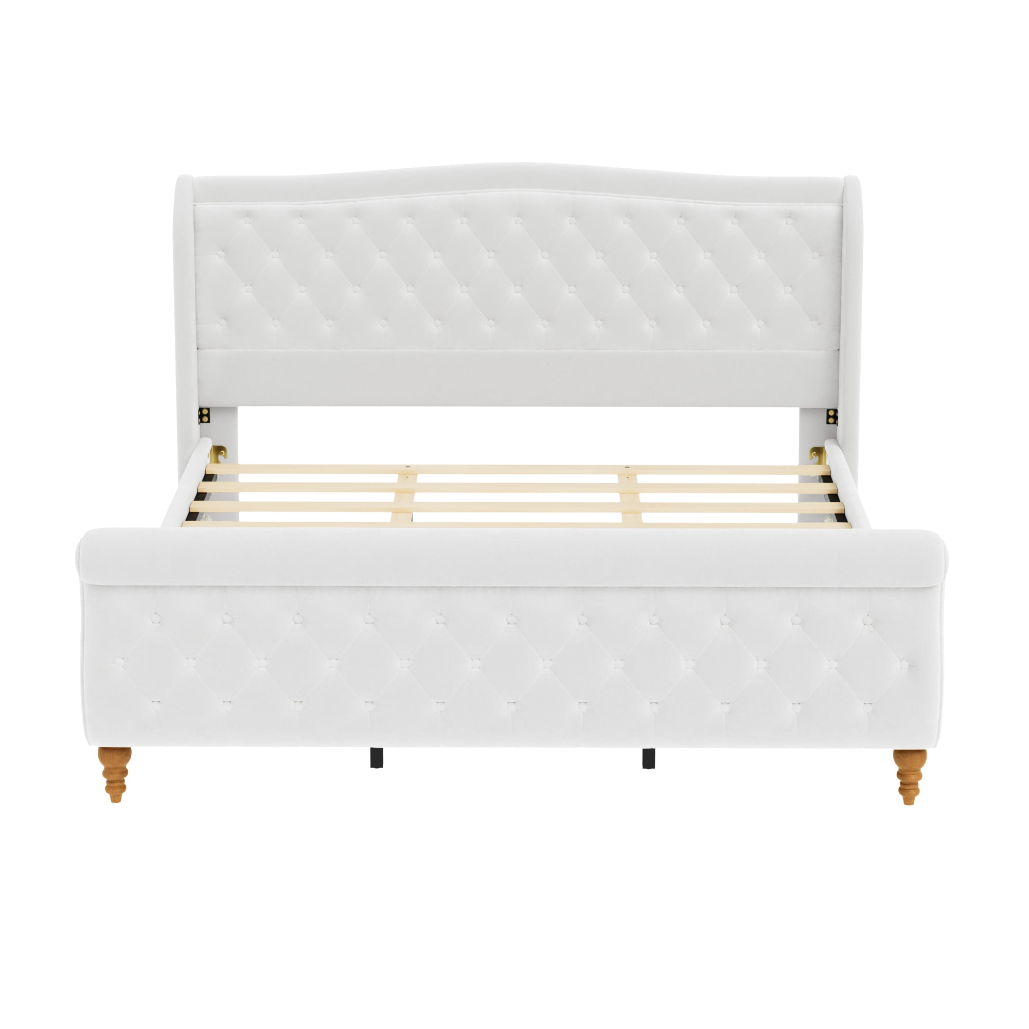 Euroco Velvet Upholstery King Size Platform Bed, Button Tufted Sleigh Bed Frame, No Box Spring Needed, Beige