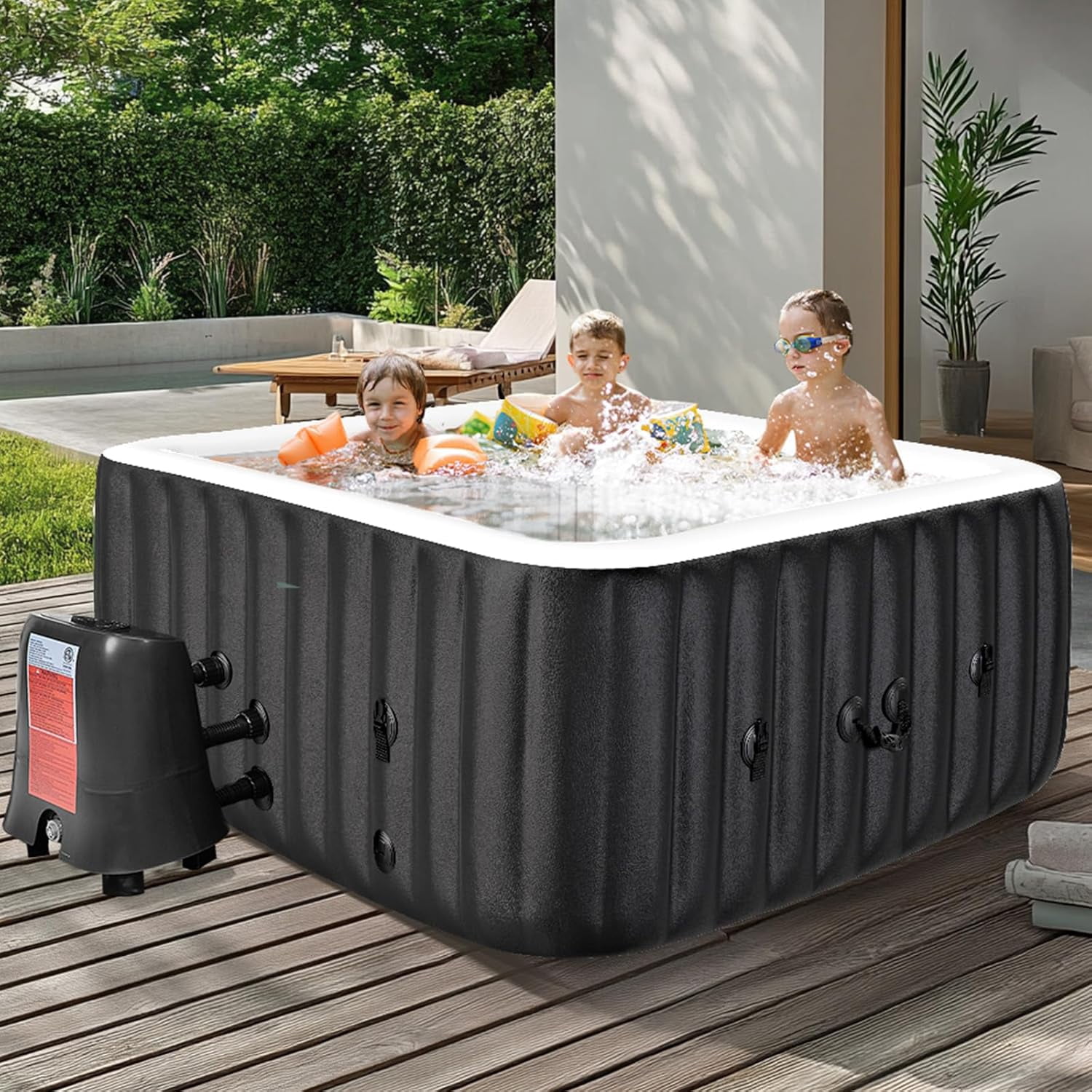 73 inch Outdoor Inflatable Hot Tub with 130 Bubble Air Jets, 4-6 Person Square Portable Hottub Spa with LED Control Panel, Blow Up Spa Bathtub with 2 Filter, Temperature up to 104°F
