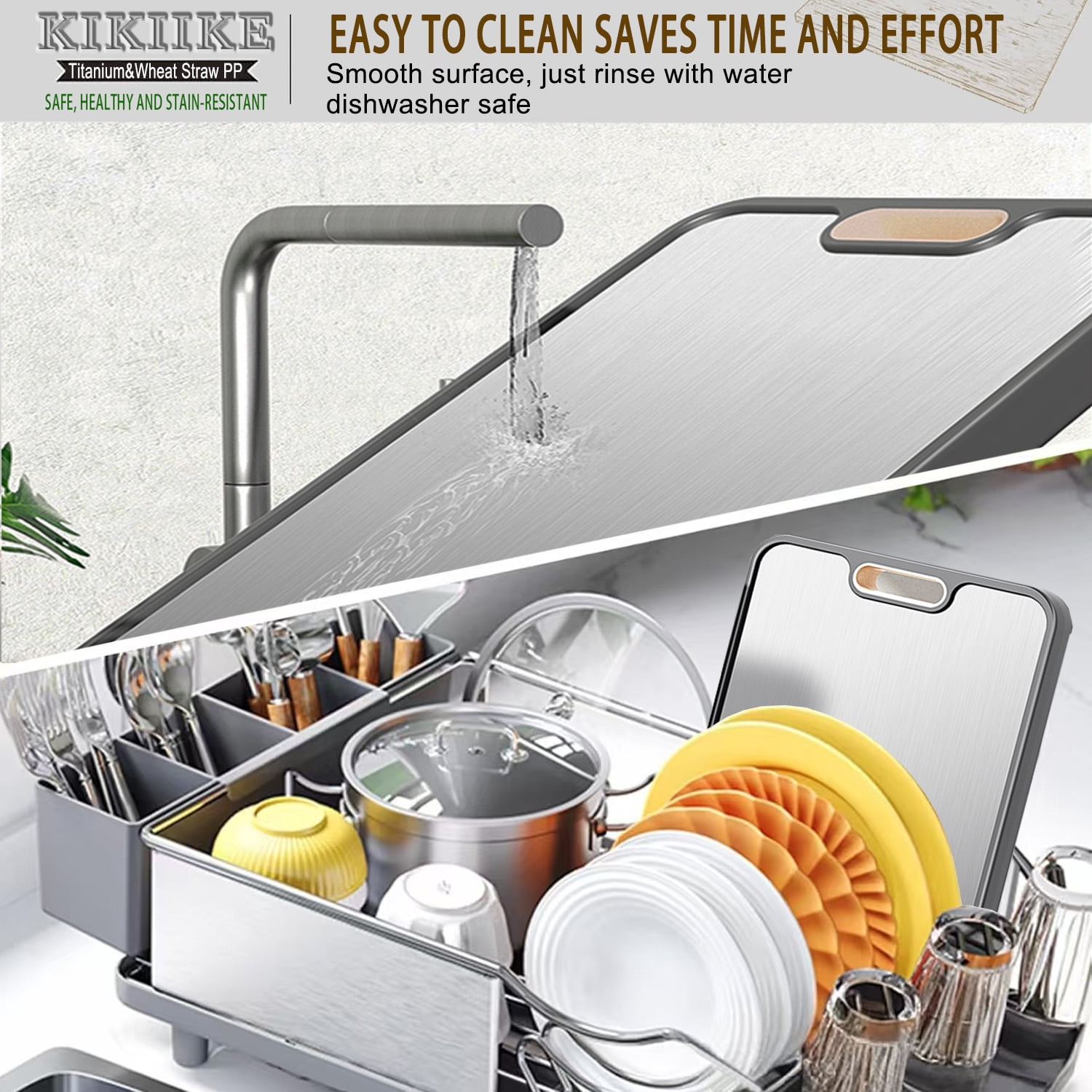 Titanium Cutting Board Double Sided Pure Titanium Cutting Boards for Kitchen, titanium & Wheat Straw PP Food Grade metal cutting board, Non-slip durable and easy to clean