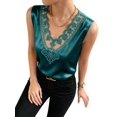 thumbnail image 2 of Women's Satin Contrast Lace V Neck Sleeveless Blouse Appliques Summer Tank Tops Green S, 2 of 7