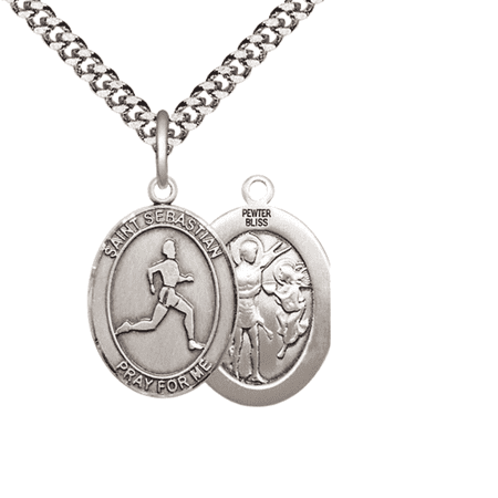 Pewter Saint St. Sebastian Track and Field Medal Pendant on 24 Inch Endless Rhodium Plated Heavy Curb Brass Chain, Catholic Religious Necklace -Made in USA- Deluxe Velvet Gift Box