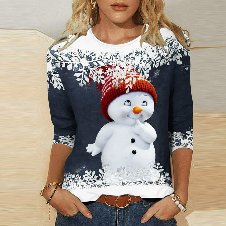 YanHoo Women Tops 3 4 Sleeve Clearance Casual Crewneck Christmas Shirts Blouse Fall Lightweight Cute Tee Sweatshirts for Ladies Walmart Prime Sales