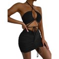 thumbnail image 2 of VISgogo Vestido ajustado para mujer, vestido de cadera calado con lazo fruncido y cuello halter cruzado liso, trajes de fiesta cortos ajustados para mujer VISgogo moda, 2 of 9