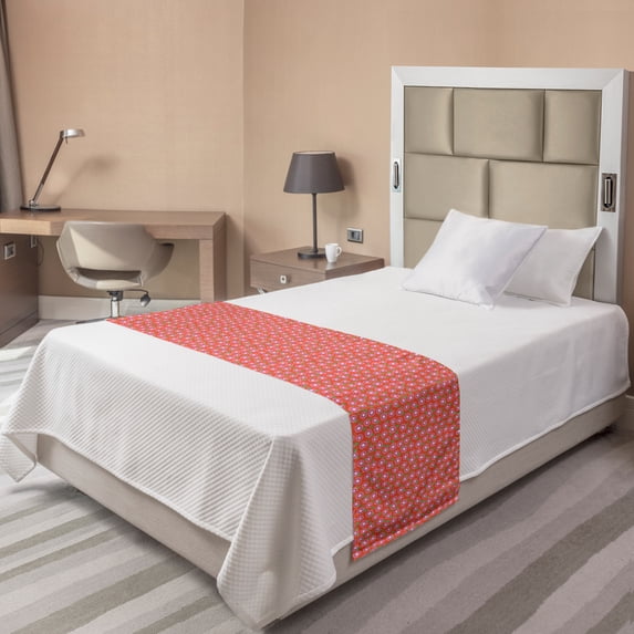 Spring Bed Runner, Continuous Pattern with Cheerful Flowers, Decorative Accent Bedding Scarf for Hotels Homes and Guestrooms, Twin, Burnt Sienna Coral, by Ambesonne