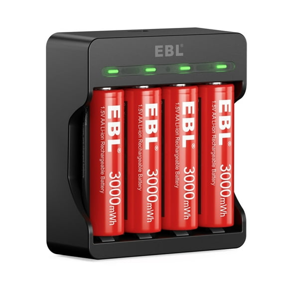EBL AA Rechargeable Batteries (4 Pack), Lithium-Ion Double a Batteries with 4 Slots USB Battery Charger