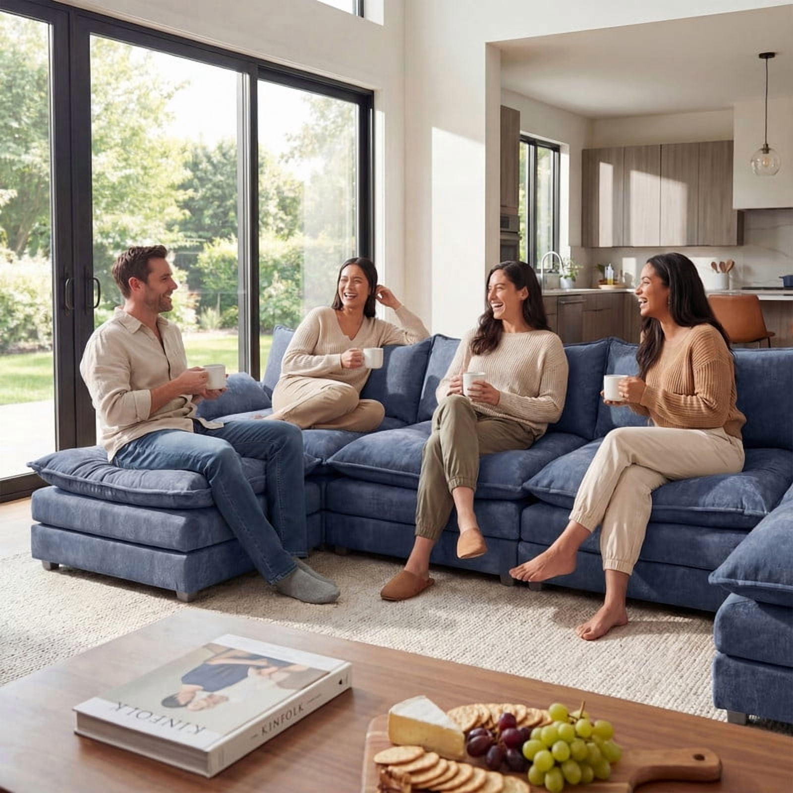 Lacoo 4-Seat Cloud Couch U-Shaped Sectional with Reversible Chair & Movable Footrest, Blue