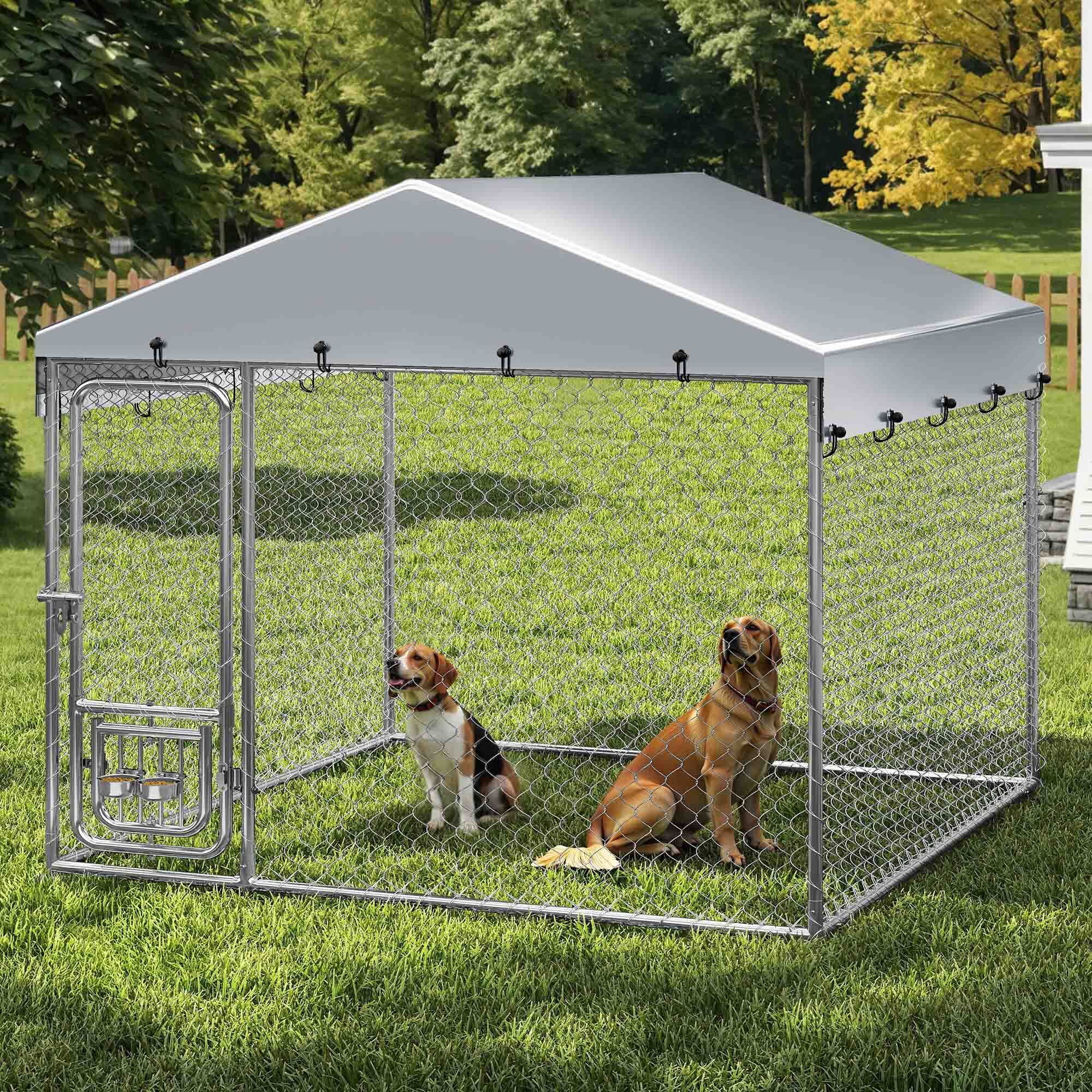 Uforic 7.5'x7.5' Outdoor Dog Kennel with Rotating Feeder & Roof, Heavy Duty for Backyard Farm