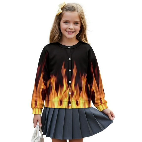 COEQINE Girls Long Sleeve Cardigan with Print, Lightweight Polyester Crewneck Button Front Jacket, Soft Machine Washable Top for School and Casual Wear, Ages 5-6, Fire Flame Black