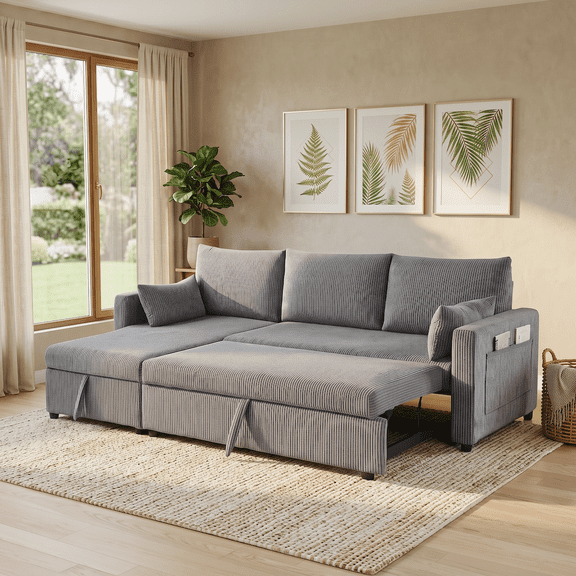Xiweot 85" Sectional Sofa Bed, L Shaped Sleeper Sofa with Pull Out Bed & Storage Chaise, Corduroy 3 Seat Sectional Couch for Living Room Apartment Small Space (Gray)