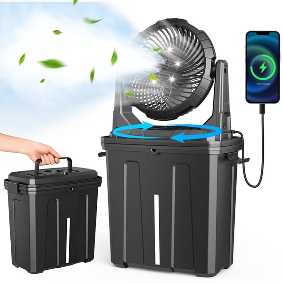 Portable Outdoor Misting Fan, 2.4Gal Large Water Tank Automatic Shaking Camping Fan with LED Light, Suitable for Camping, Sports, Beach