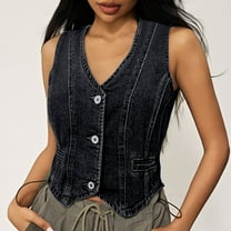 Women's Denim Vest Top V Neck Sleeveless Button Down Cropped Jean Jacket Western Style Trendy Casual Outfit