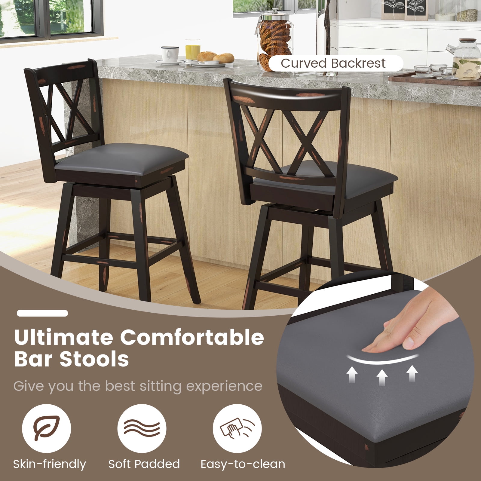 Costway 29" Bar Stools Set of 2 with Ergonomic Backrest Rubber Wood Legs Swivel Height Chairs Black, Gray