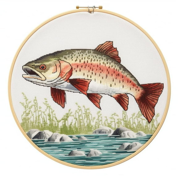 Trout DIY Stamped Cross Stitch Kits for Beginners Easy with Hoop 11CT Needlepoint Embroidery Counted Cross Stitch Kits Art Craft Wall Decor and Gift 35x35cm(1)