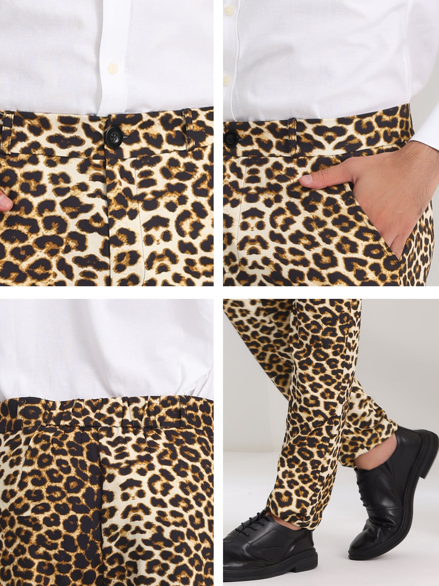 Unique Bargains Men's Animal Printed Flat Front Zipper Closure Party Prom Dress Pants 34 Leopard Print