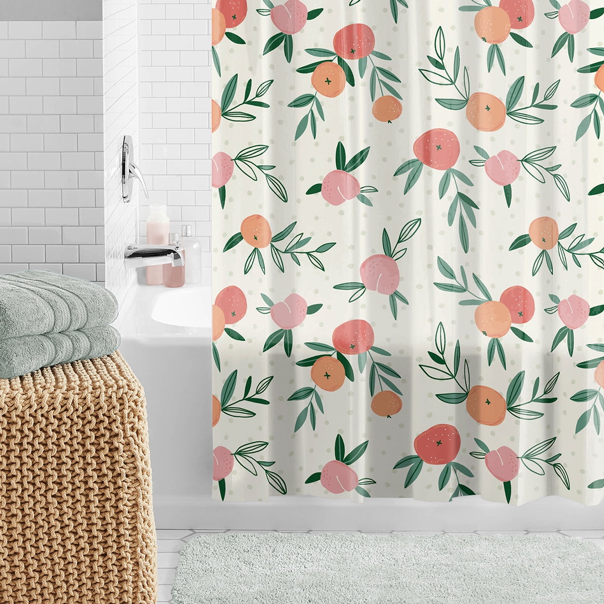 Mainstays Waterproof Peaches 30% Recycled PEVA Shower Curtain Set & Hooks, 13-Piece, Orange, Yellow