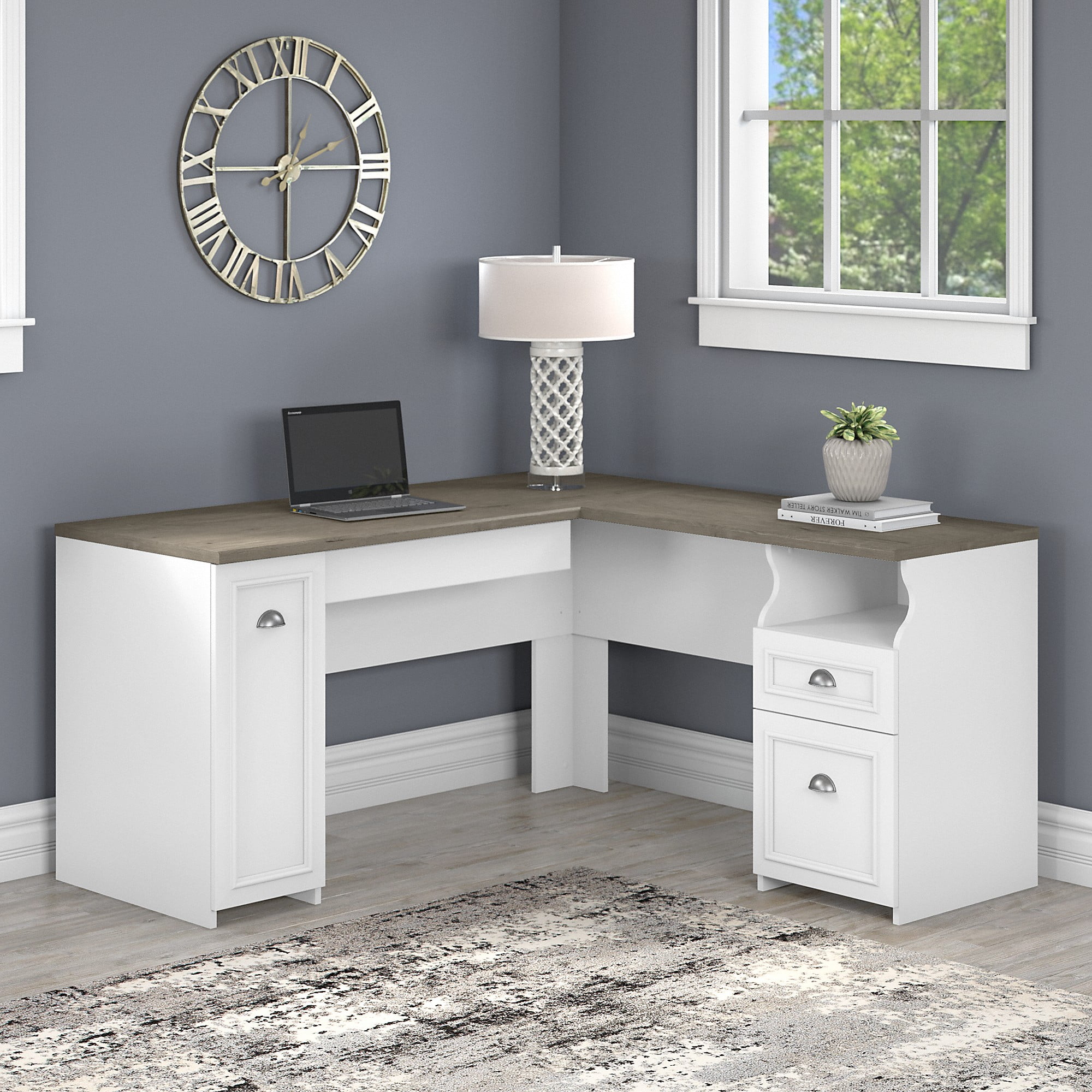 Bush Furniture Fairview 60W L Shaped Desk with Drawers and Storage Cabinet, White/Gray