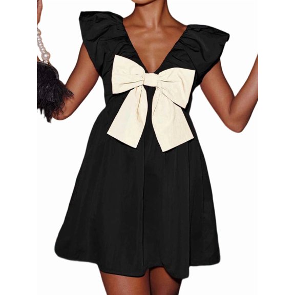 Women Babydoll Dress Tie Embellished Fly Sleeve Dresses A-Line Ruffle Flowy Short Dress Black L