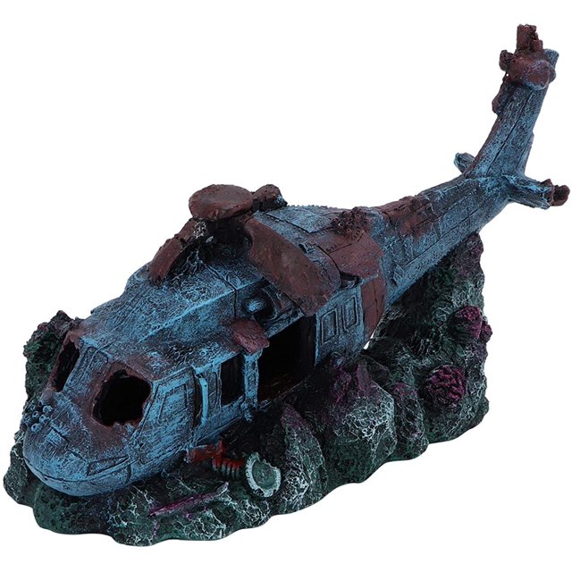 Wreck Aquarium Decorations, Helicóptero Wreck Resin Fish Tank con cueva oculta Paisajismo submarino Acuario Hunter Dañado Fighter Plane Ornament JAMW Sencillez