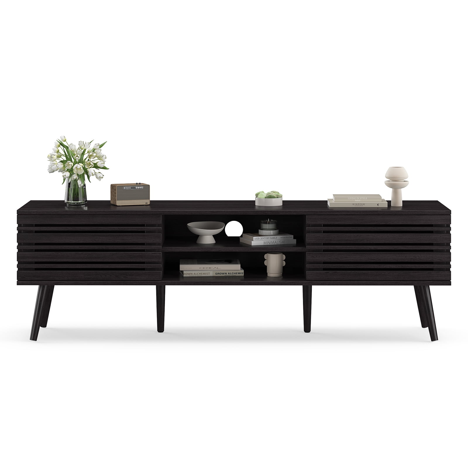 Hommoo Mid Century Modern TV Stands up to 70", Wooden Home Entertainment Center TV Console Cabinet with Sliding Tambour Door & Adjustable Shelves, Black